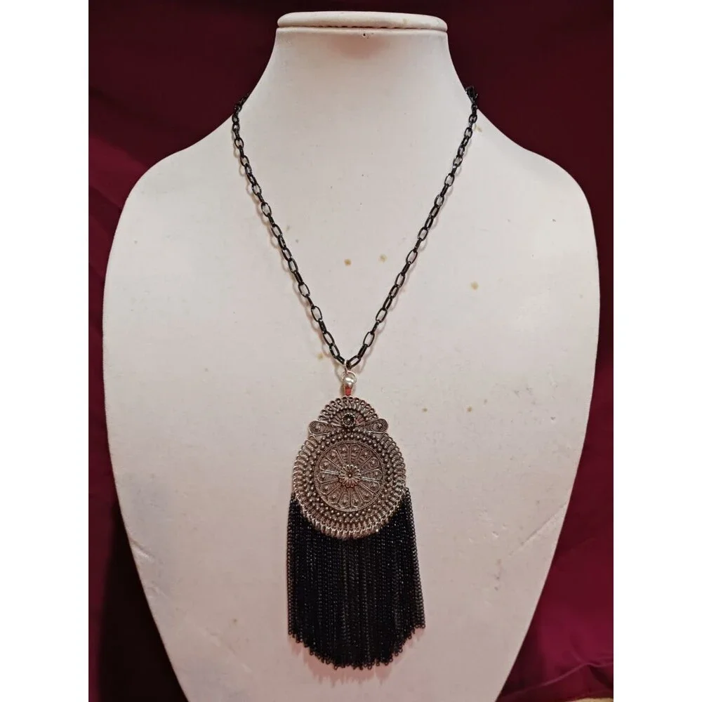 Handmade Black and Dark Silver Tassel Statement Fashion Medallion Necklace - Picture 1 of 8